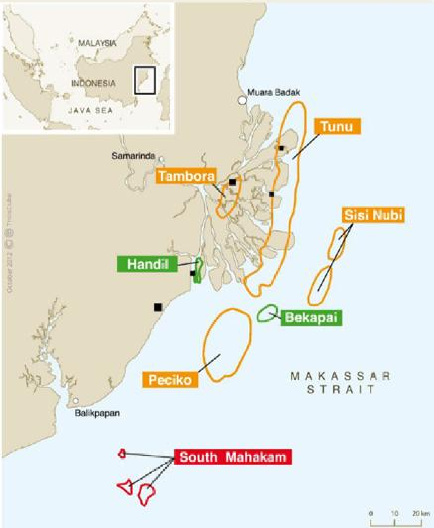 印度尼西亚东加里曼丹海域(马哈坎河三角洲附近)的海上油气田分布示意图